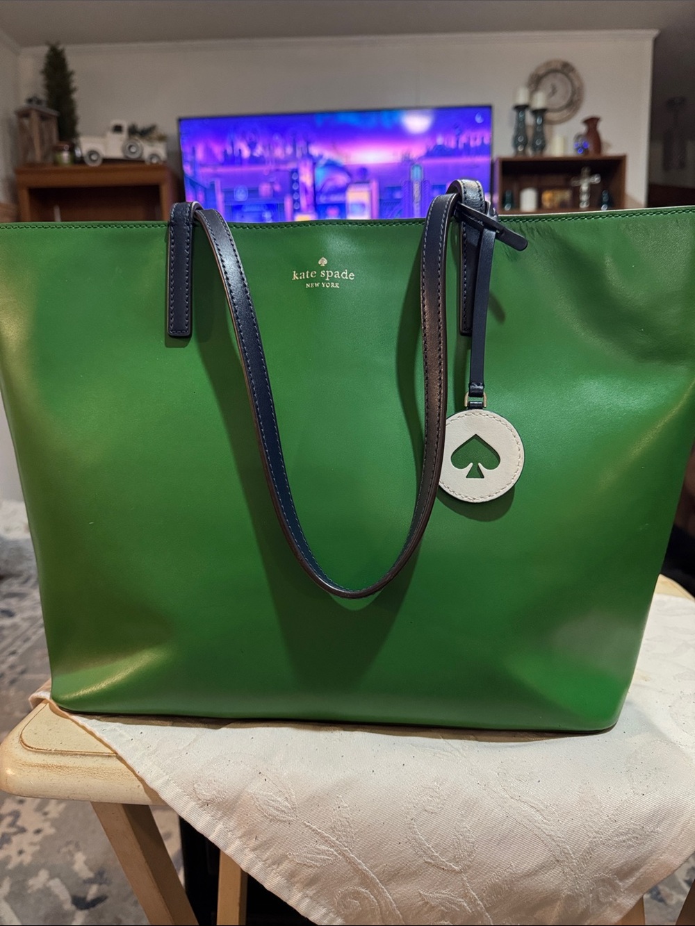 Kate Spade Large Green Leather Tanya Tote with Navy Straps